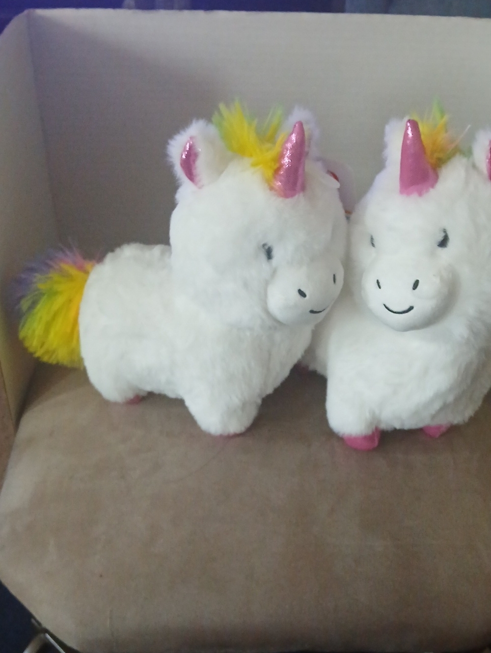Plush White Unicorn Toy with Pink Horn and Rainbow Mane